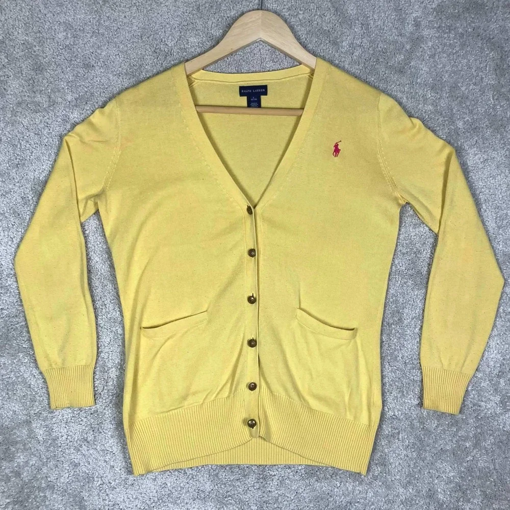 Ralph Lauren Sweater Girls Yellow Button Front Long Sleeve Pony Size 12/14